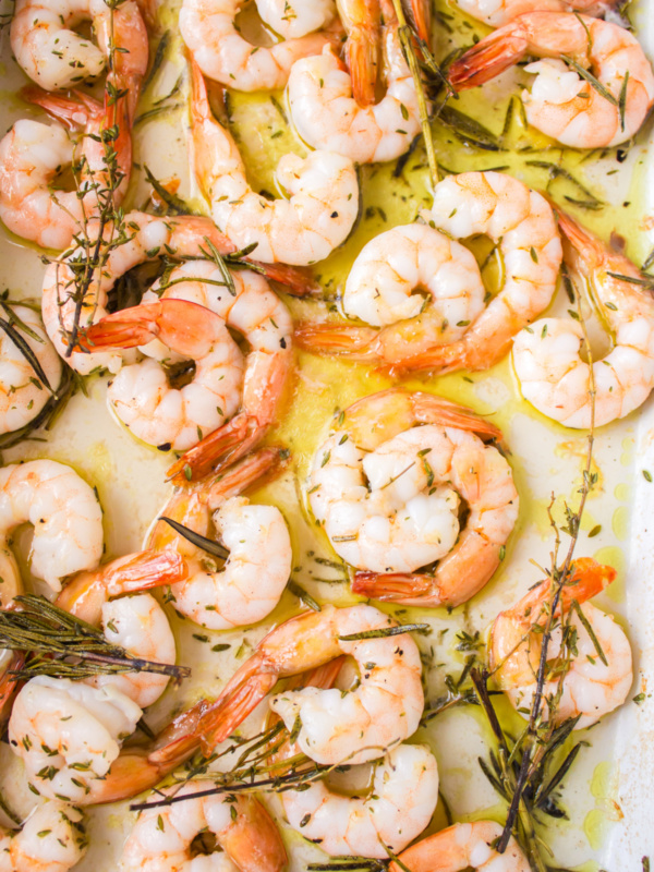 roasted shrimp with rosemary and thyme in a pan