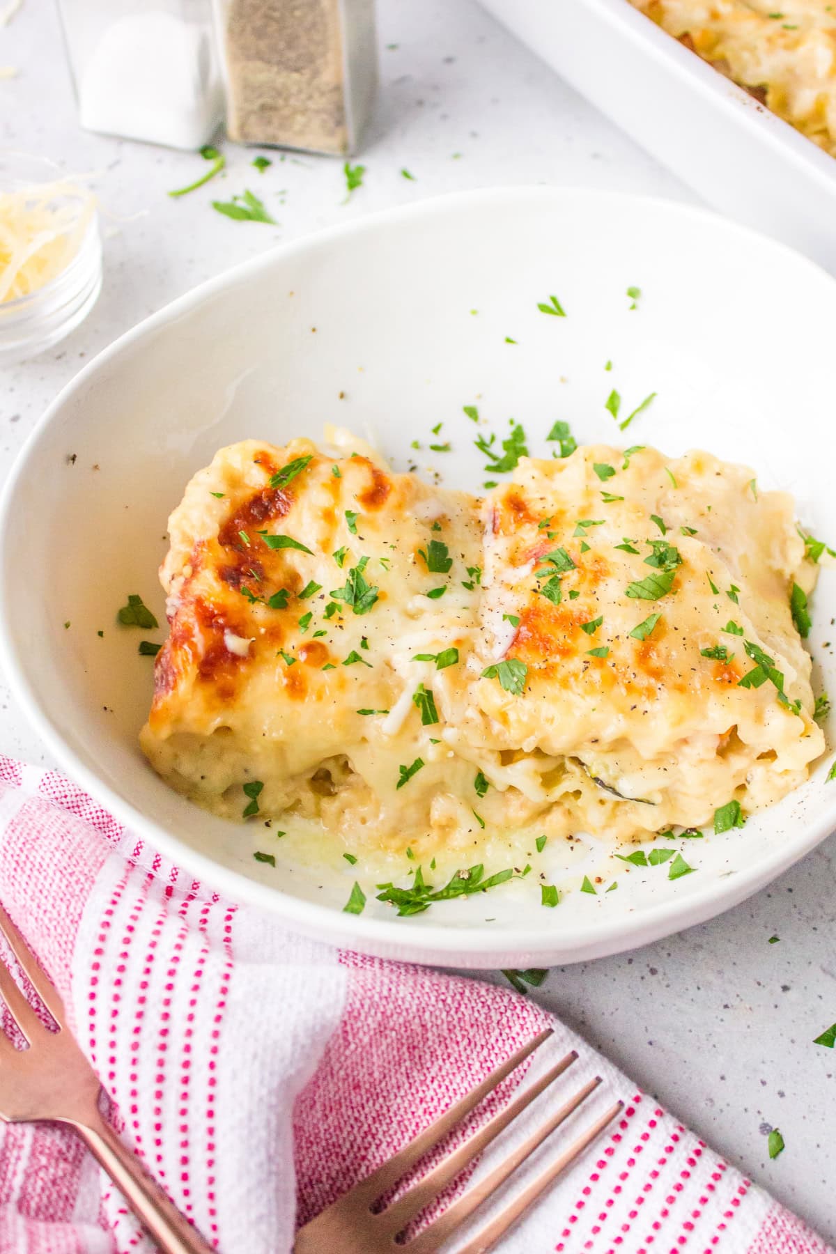 roasted vegetable lasagna roll ups in a bowl