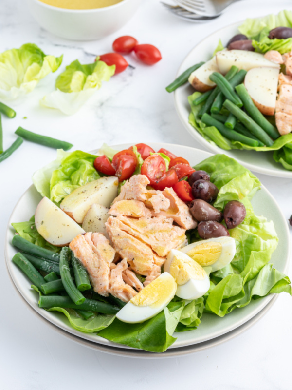 salmon nicoise salad on a plate