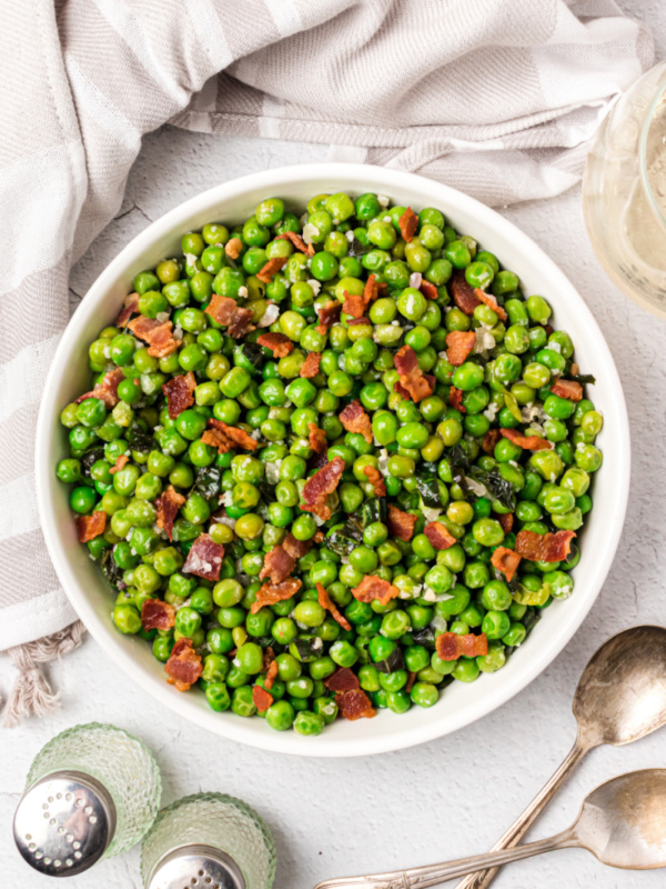 bowl of peas with basil and bacon