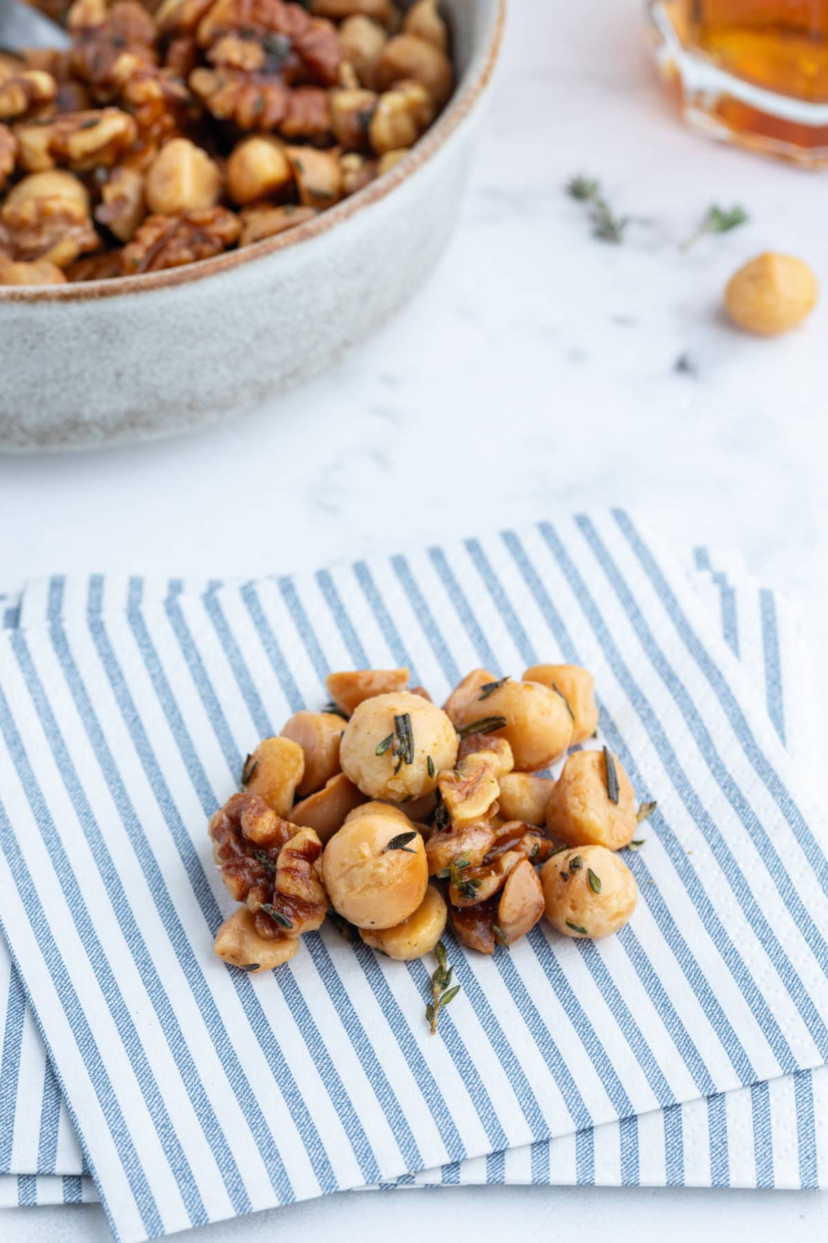 serving of savory nuts on a napkin