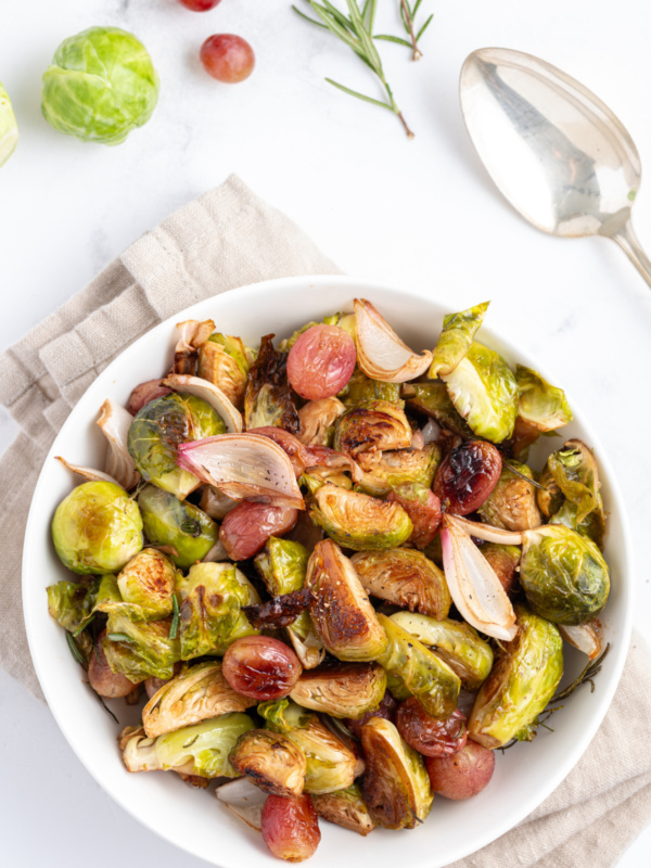 bowl of sheet pan balsamic brussels sprouts