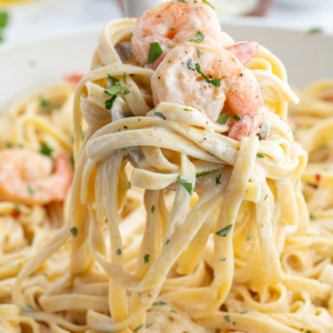 big fork full of shrimp scampi alfredo