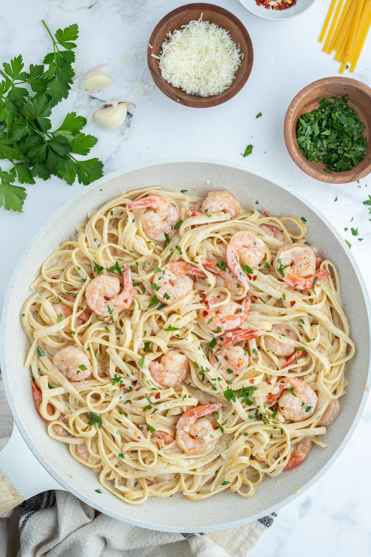 big bowl of shrimp scampi alfredo