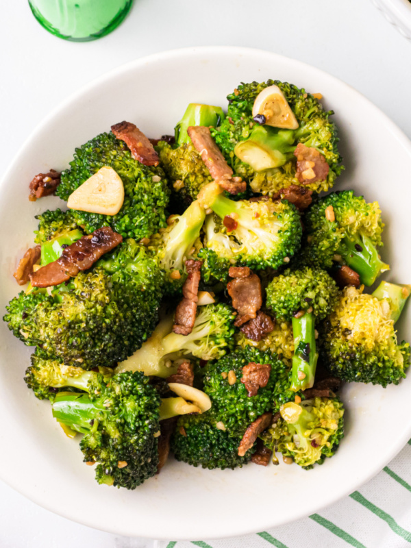 bowl of slow cooked broccoli with garlic and pancetta