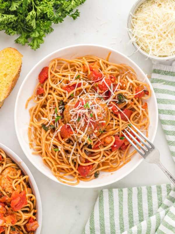 spaghetti with turkey meatballs in a bowl