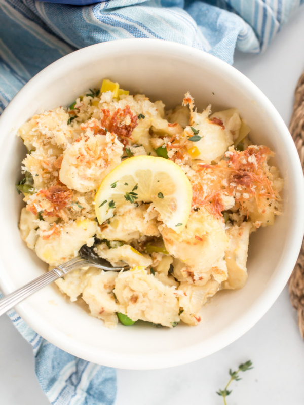 bowl of spring vegetable macaroni and cheese