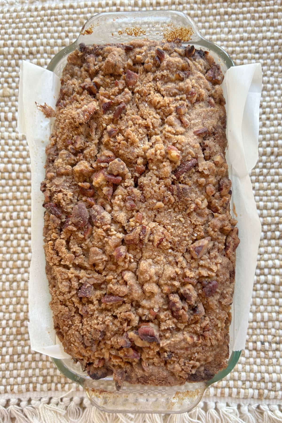 overhead shot of streusel banana bread