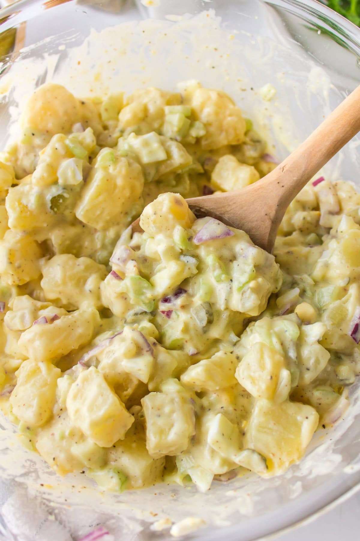 sweet pickle potato salad in bowl