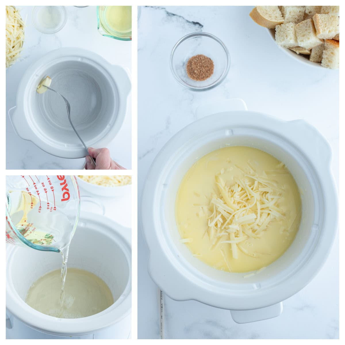 three photos showing how to make swiss cheese fondue