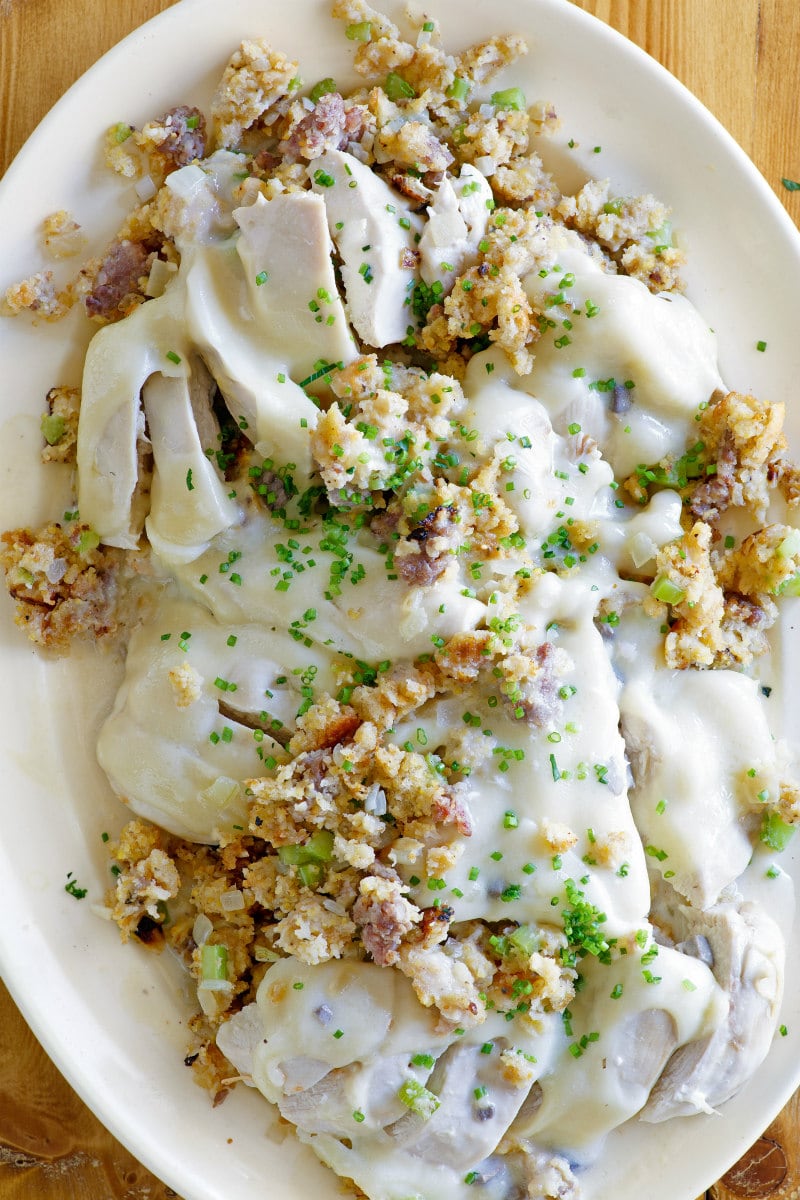 Swiss Chicken Casserole displayed on a white platter