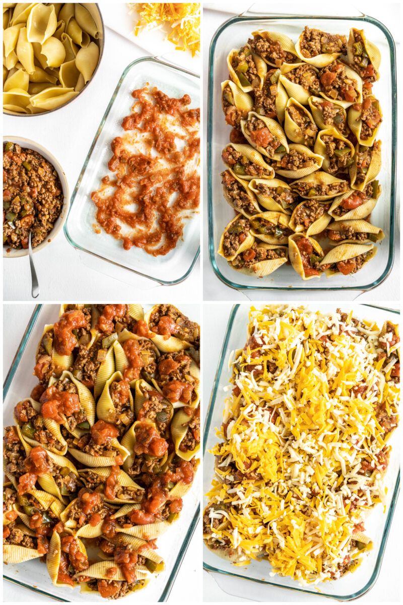 four photos showing how to make stuffed shells