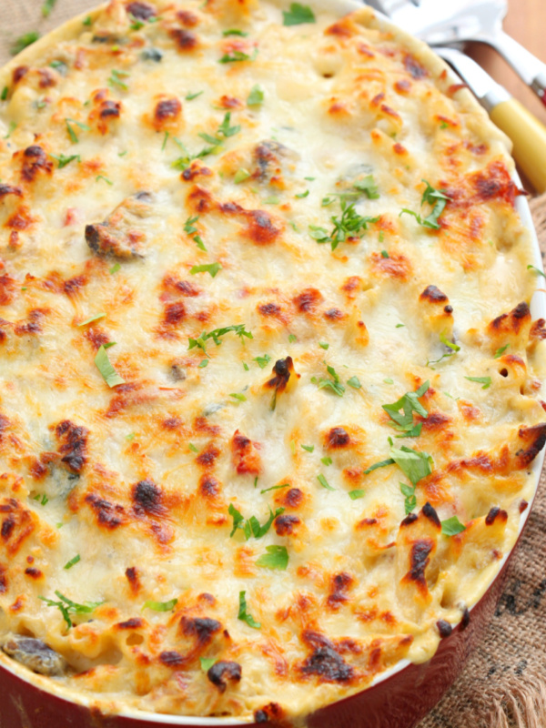 3 cheese chicken penne florentine in a baking dish