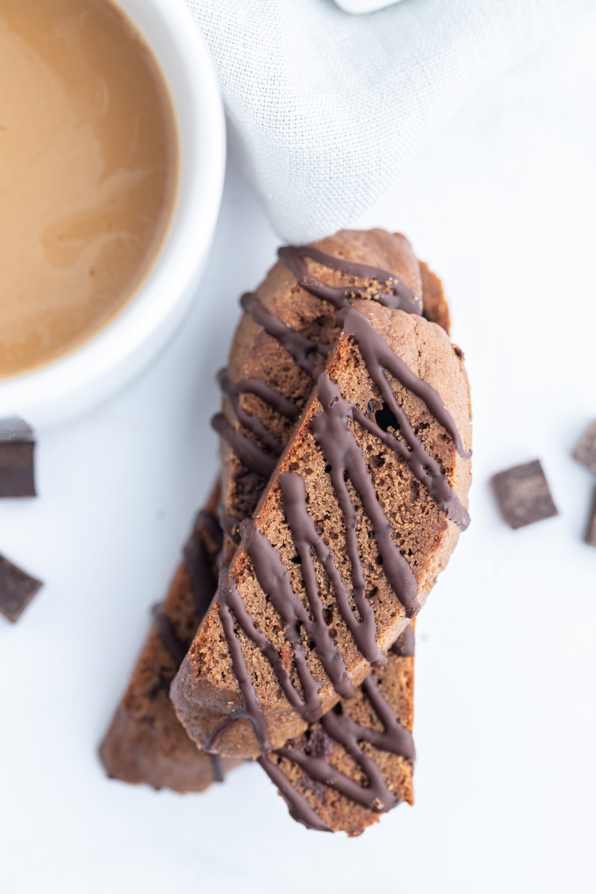 close up stacked triple chocolate biscotti