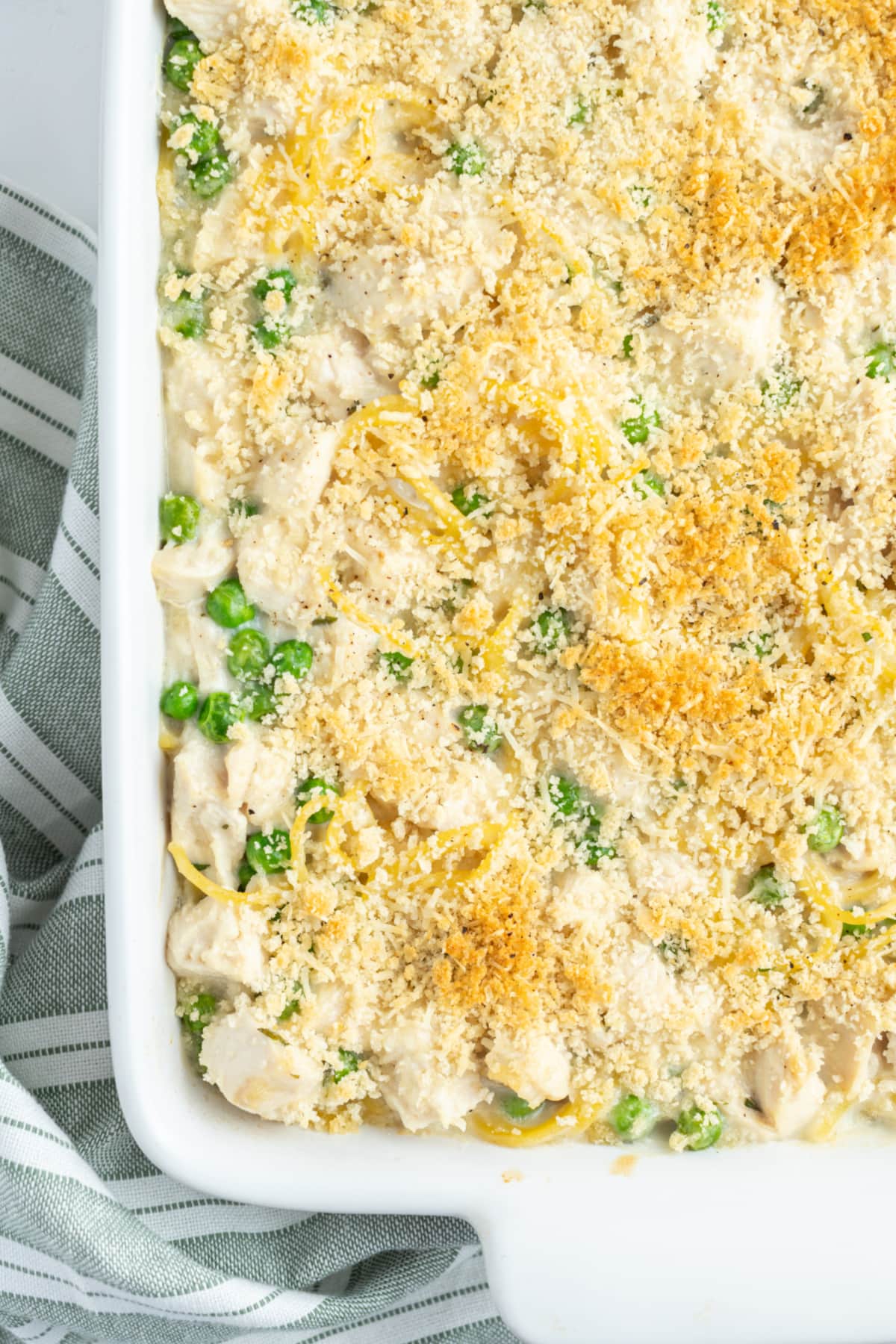 half view of turkey tetrazzini in baking dish