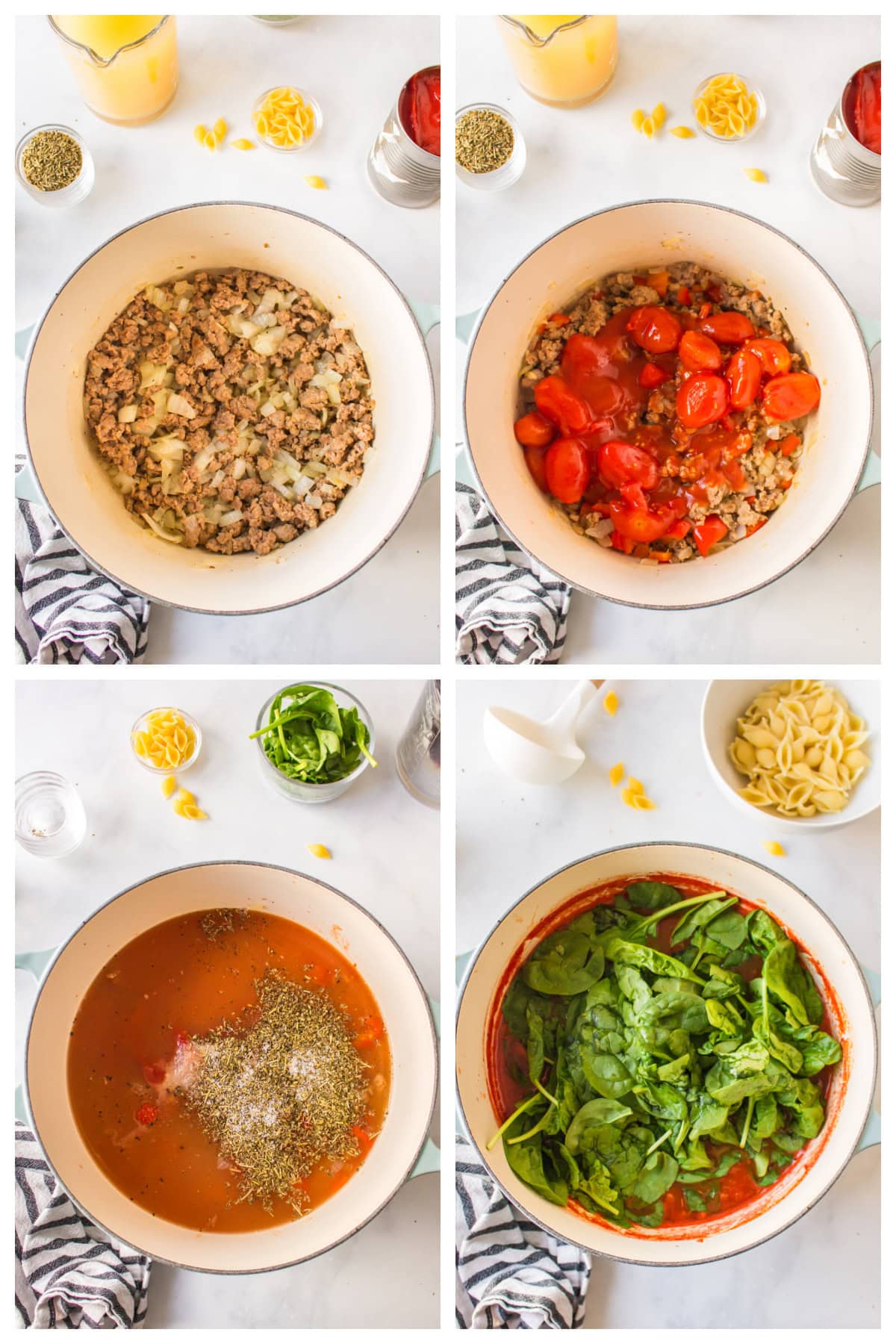 four photos showing how to make unstuffed shells soup