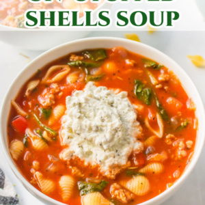 pinterest image for unstuffed shells soup