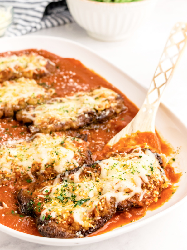 veal parmesan on a serving platter