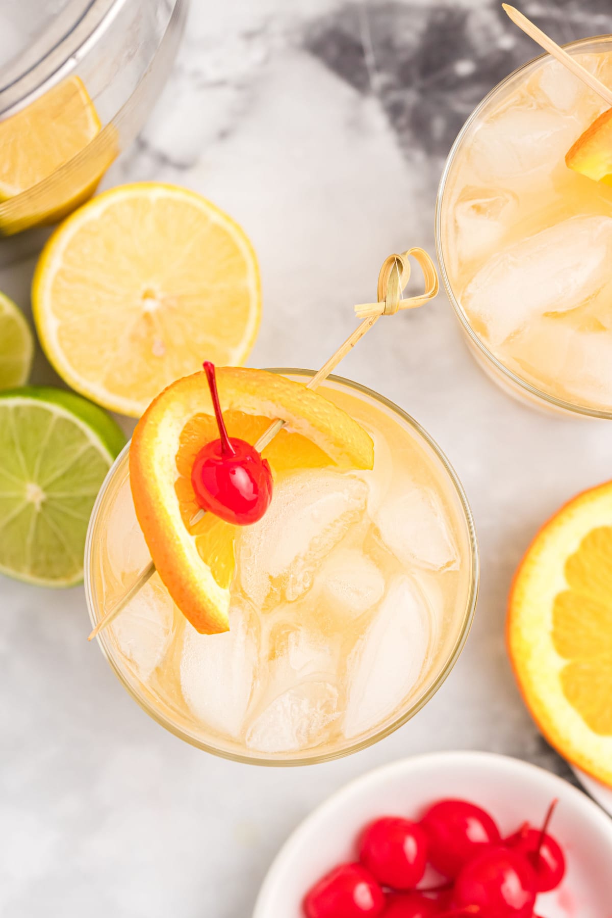 overhead view of a whiskey sour cocktail